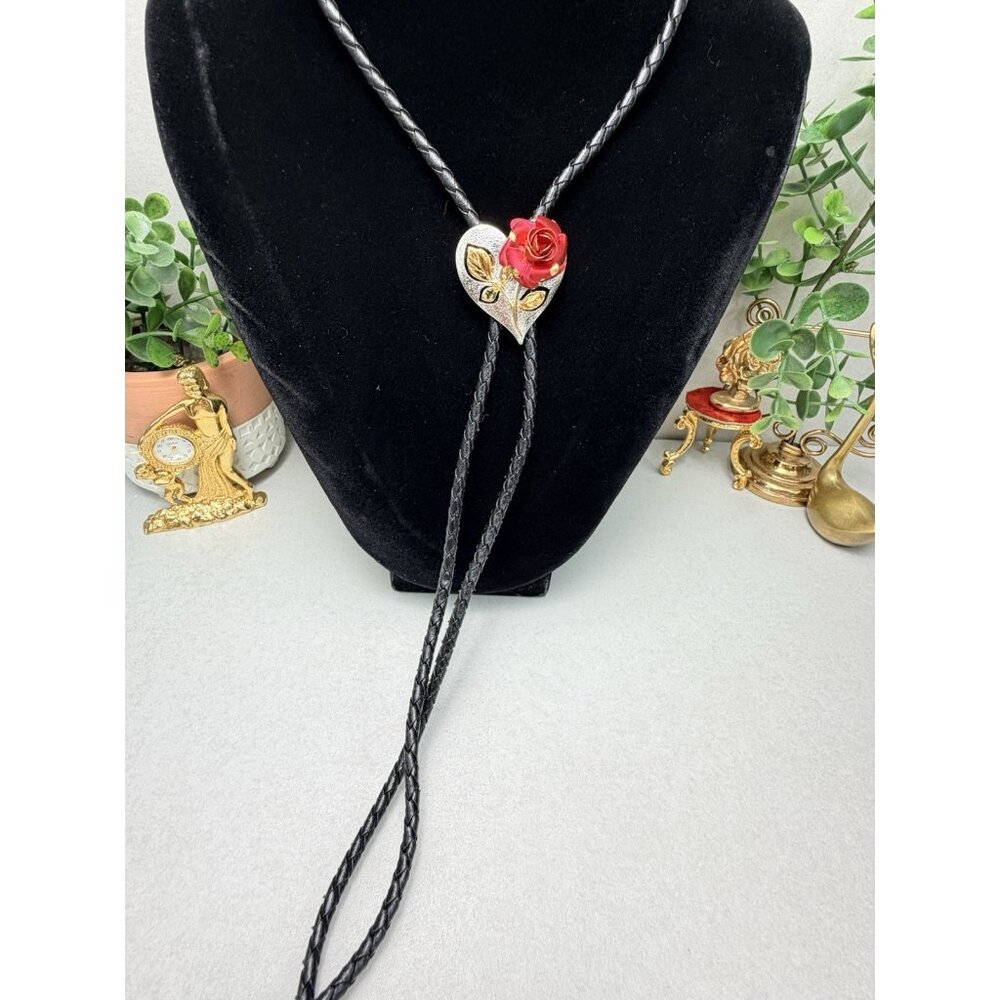 Vintage Bolo Tie Heart Rose Enamel Braided Leather Made In USA